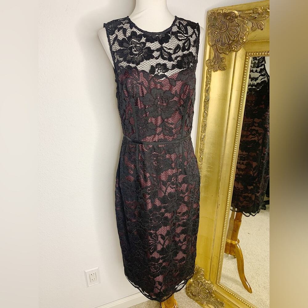 Jill Jill Stuart Blood Red Black Lace Overlay Sleeveless Sheath